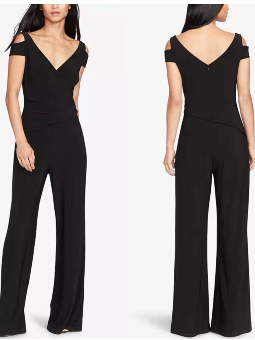 Lauren Ralph Lauren Black Cold-Shoulder V-Neck Wide-Leg Jumpsuit